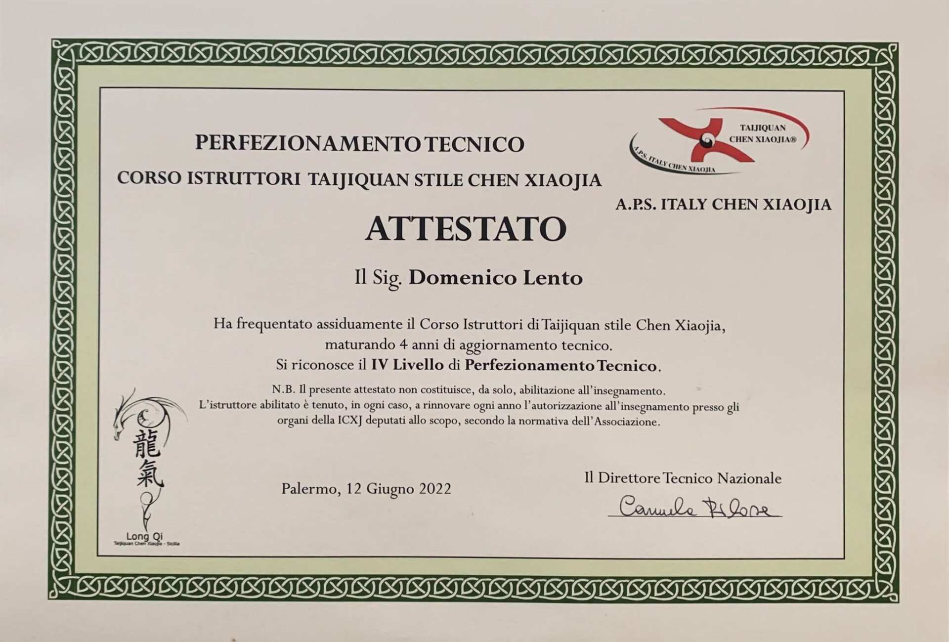 Attestato perfezionamento taijiquan domenico lento