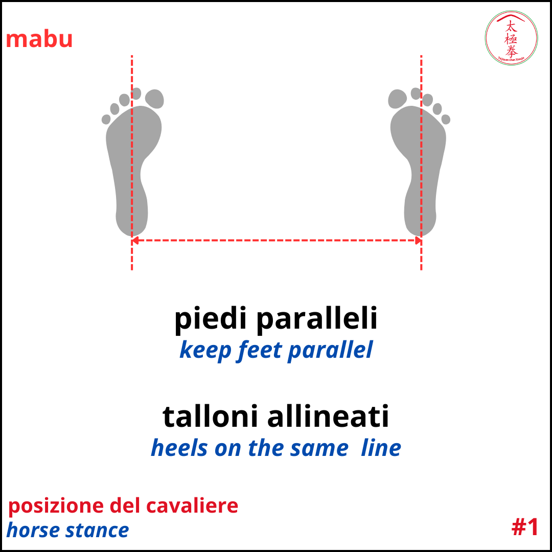 La posizione Kaibu - Nota #1: Mantieni i piedi paralleli ed i talloni allineati. Kaibu Stance - Hint #1: Keep your feet parallel and the heels on the same line.